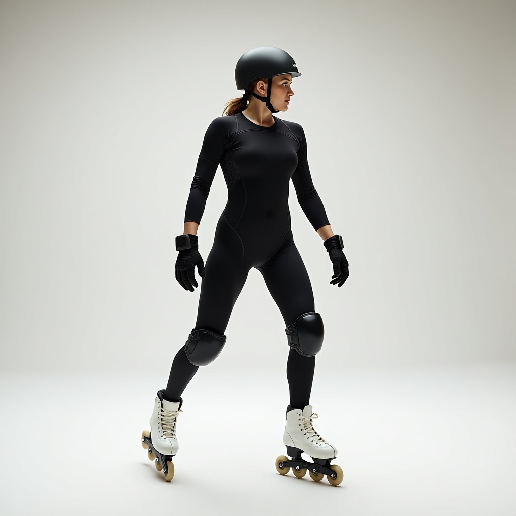 The image showcases an athlete in an inline skate uniform, captured in a dynamic stance. The athlete is wearing a snug black outfit with protective gear, including a helmet and gloves. Roller skates are fitted with white boots, enhancing the sporty look. The backdrop is neutral, emphasizing the athlete’s form and movement. This setting highlights the athleticism and skill required for inline skating, making it suitable for sports promotions or fitness campaigns.