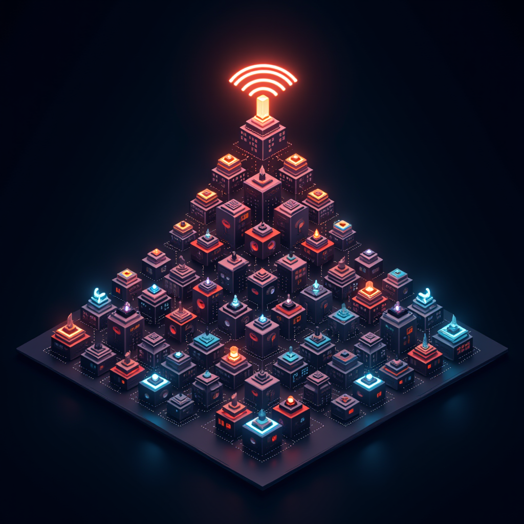 A pyramid of digital elements symbolizing connected technology with a glowing Wi-Fi signal at the top.