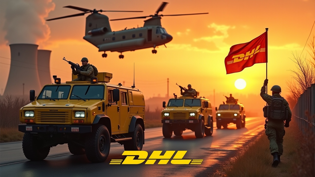 In a dramatic scene, several yellow armored cars drive up to a fence. The armored cars are painted with the DHL logo. Nearby, several soldiers holding rifles are seen marching together in unison. One soldier stands valiantly holding a flag with the DHL logo. In the background, we can see a nuclear power plant. The sky is illuminated by the fiery sun, and a large Chinook cargo helicopter with the DHL logo flies above, adding to the intensity of the scene. At the bottom, we see the DHL logo, displayed in bold, yellow text.