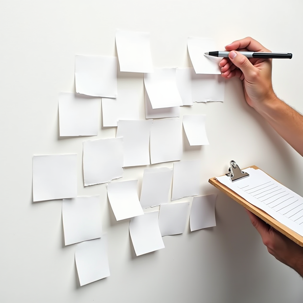 A person writes on blank sticky notes arranged on a wall, holding a clipboard.