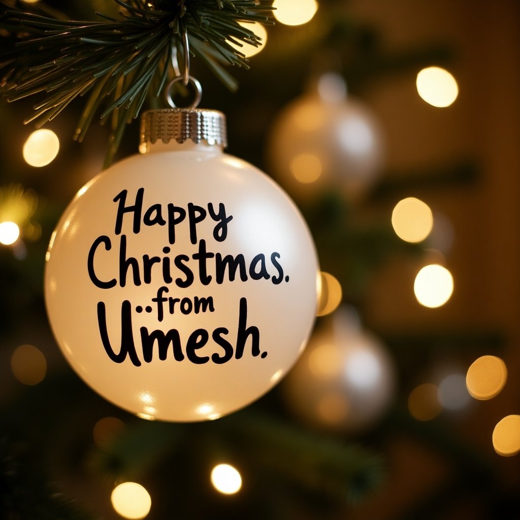 Close-up of a white Christmas bauble. Text reads 'Happy Christmas... from Umesh.' Twinkling lights are in the background. Magical ambiance for holidays.