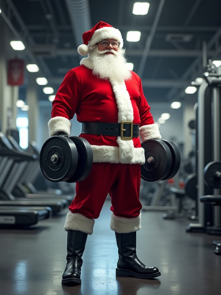 Photo-realistic depiction of Santa Claus in a modern gym. Santa wears a traditional red suit with a black belt and boots. He lifts heavy dumbbells confidently. The gym has various fitness equipment like treadmills and barbells. The atmosphere is energetic with bright lighting.