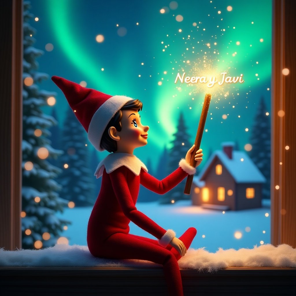 An elf on the shelf sits with its back to the viewer. The elf gazes skyward while holding a glowing wand. A charming Christmas scene is shown with colorful northern lights. A cozy house can be seen in the distance. Snow is on the ground. The elf embodies magic and wonder of Christmas. The name ‘Nerea y Javi’ appears in the air from the wand.