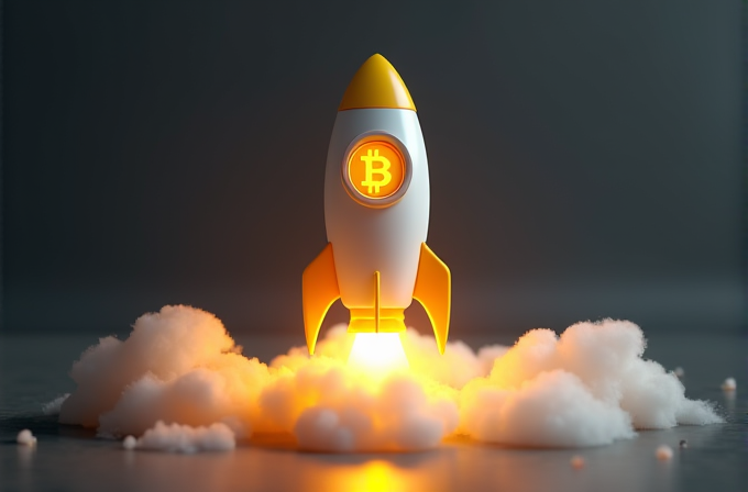 A rocket with a Bitcoin symbol is taking off, surrounded by clouds and glowing light.