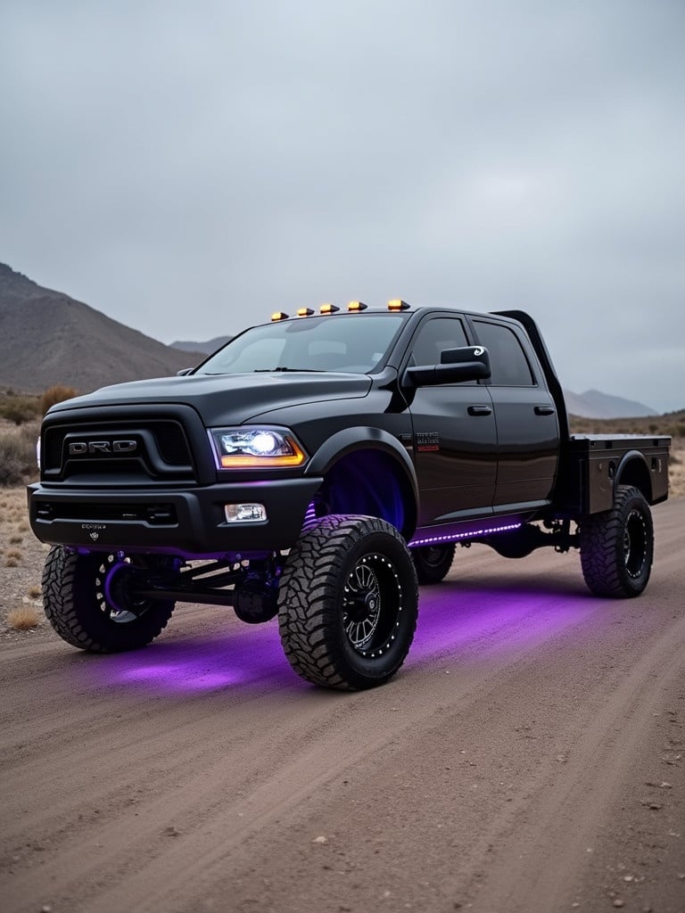 First generation Dodge truck. Blacked out paint job. Flatbed design. Midnight purple undercarriage. Purple illuminated rims.