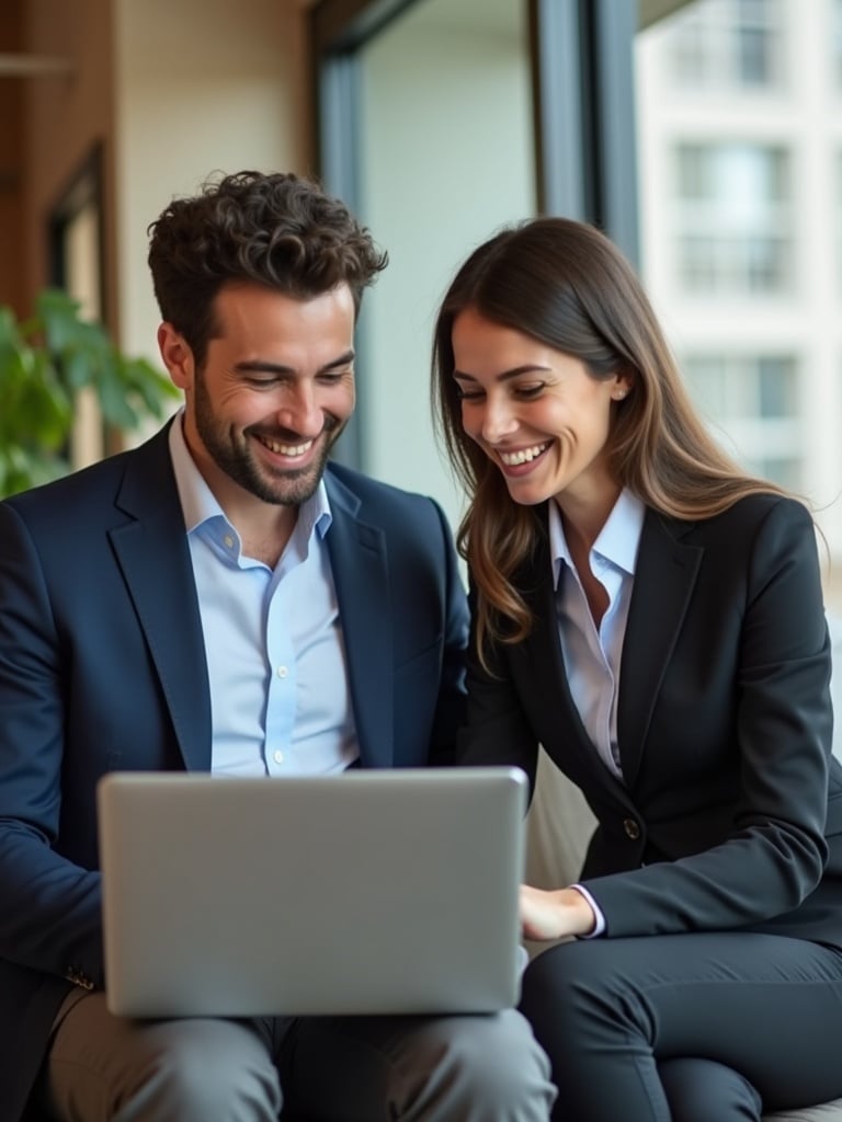 A man and a woman in suits. Both are looking at a laptop. They appear happy.