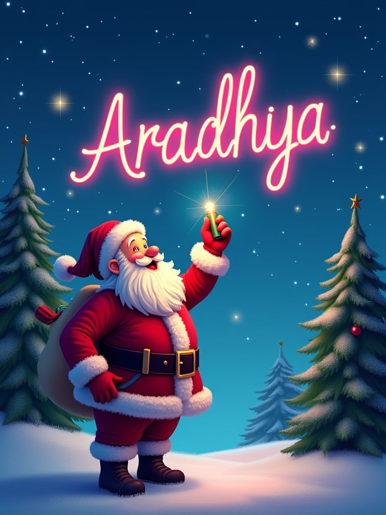 A joyful Santa Claus writes the name 'Aradhya' in the night sky with a colorful glow pen. He looks up with a happy expression. Background has soft winter colors and twinkling stars. The name is illuminated with vibrant glow. Pine trees frame the scene adding to the festive atmosphere.