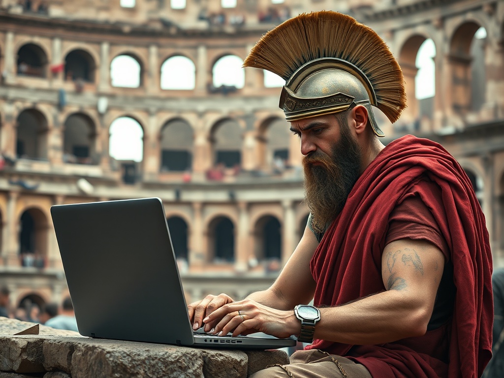 A Roman soldier in traditional attire using a laptop within the Colosseum.