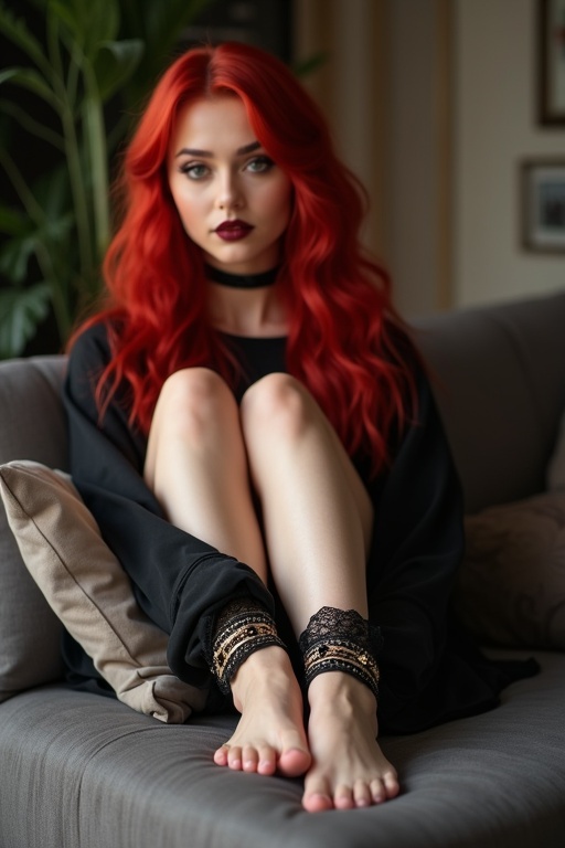 Elegant goth woman with red wavy hair dressed in black. Sitting on a stylish couch. Focus on bare feet with anklets and toerings. Soft indoor lighting enhances the scene.