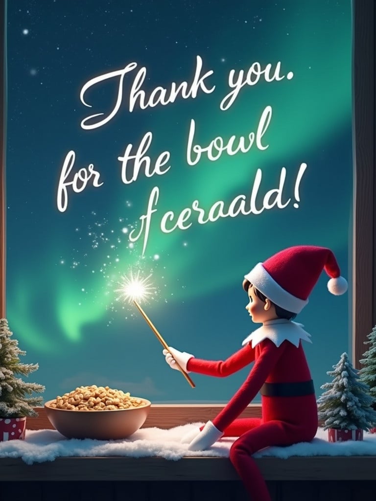 Elf on the shelf facing the sky with a wand. Magical Christmas scene with northern lights. Writes 'Thank you for the bowl of cereal!'