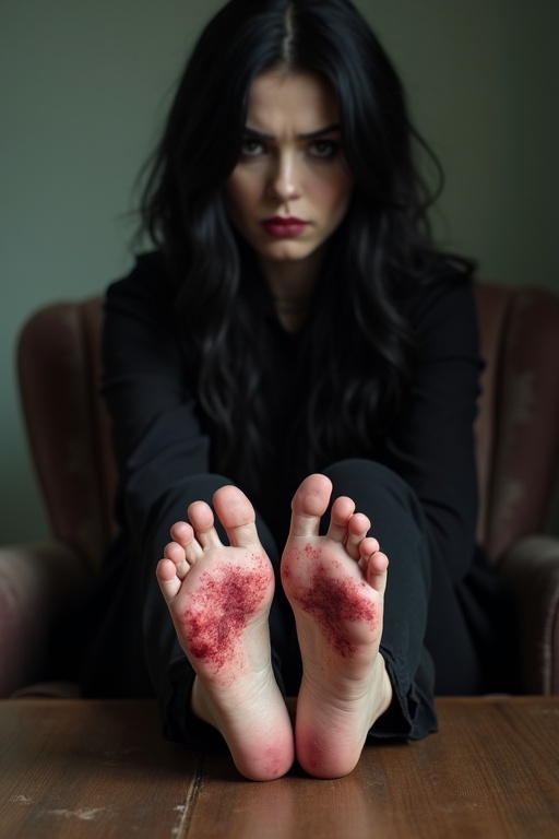 Mature goth woman with long black hair shows wounds on her bare feet. She sits on a chair with her feet on the table. The expression is worried. The setting has a dark and moody ambiance.