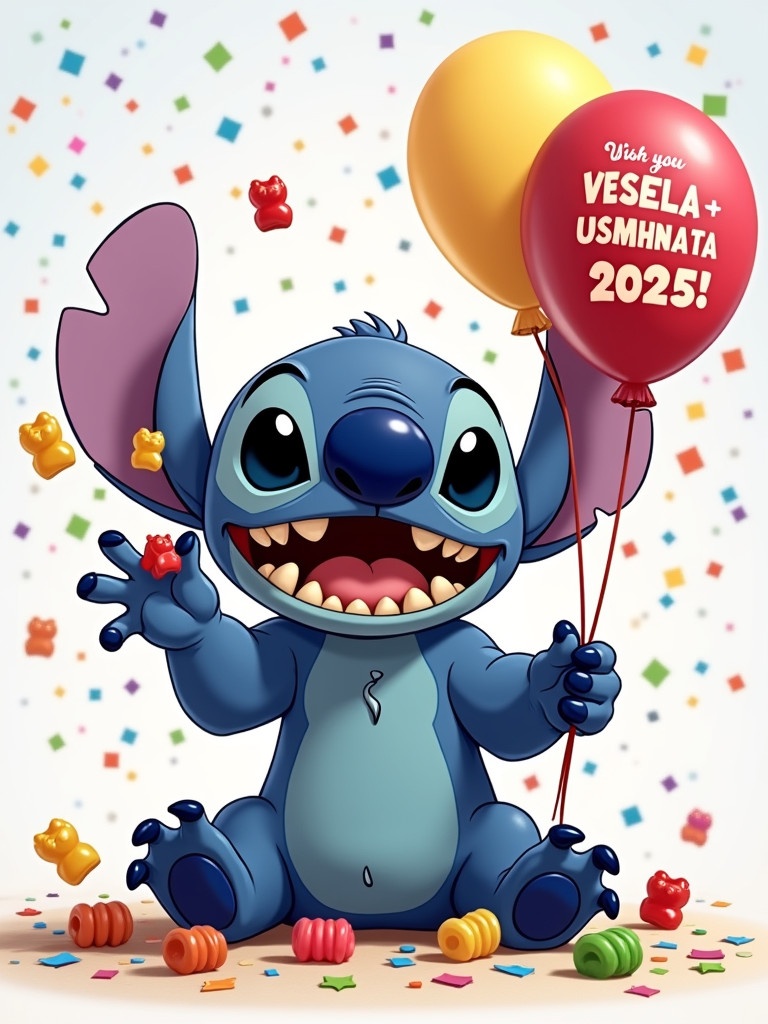 Character Stitch is sitting with a big smile. Character throws gummy bears with one hand. Mouth is full of gummy bears. In the other hand holding a balloon. Balloon has the message Wish you VESELA + USMIHNATA 2025. Confetti and gummy bears fly in the air.