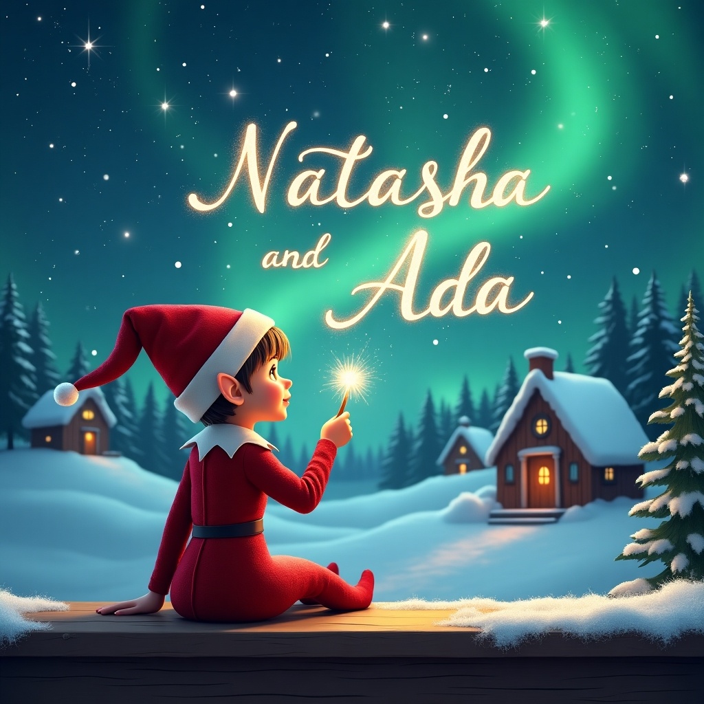 Elf sits on a wooden ledge with its back to the camera. Elf gazes at a magical sky. Elf in a red outfit with a pointed hat holds a sparkling wand. Wand writes 'Natasha' and 'Ada' in the starry sky. Background features snowy landscape with charming houses and evergreen trees under Northern Lights. Scene captures childhood magic and Christmas cheer.