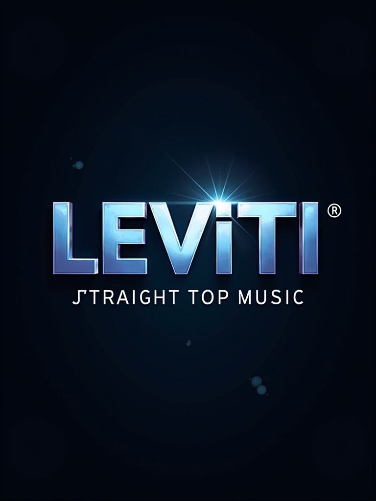 Design modern logo for music label called LEVITI. Tagline is STRAIGHT TOP MUSIC. Logo features bold typography. Incorporate music elements creatively. Use sophisticated metallics and electric blues. Background enhances logo without overwhelming.