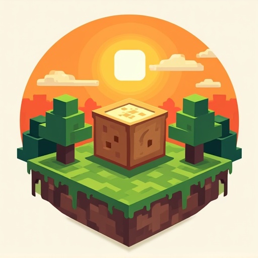 Logo for a gaming server called Breadland. It has an orange sunset. There are pixelated trees and grass. Center features a bread icon. Modern icon style.