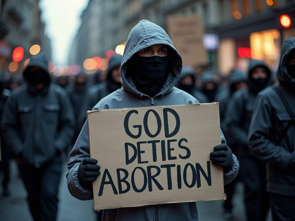 A person dressed in a gray outfit and wearing a black mask stands prominently in an urban setting, holding a protest sign that reads 'GOD DETESTS ABORTION.' The scene depicts a vibrant demonstration, with blurred figures in the background, emphasizing mass participation. Street lights cast a warm yet subdued glow, contrasting the serious nature of the message. The atmosphere feels charged with activism and a sense of urgency. All participants wear similar gray outfits, creating a uniform appearance that symbolizes solidarity.