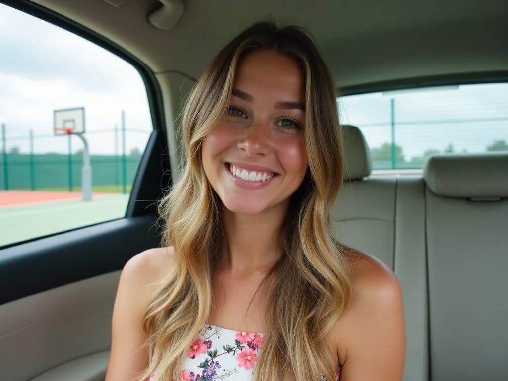 A young woman smiles in a car, wearing a summer dress with floral designs. Her hair is long and wavy, cascading gently over her shoulders. The background shows a basketball court with a cloudy sky overhead. The car interior is light and modern. She seems relaxed and happy, enjoying her time in the vehicle.