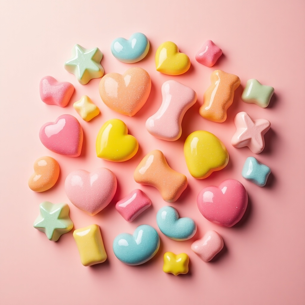 Colorful assortment of gum shapes arranged on a pink background. Items in various pastel colors including hearts, stars, and other playful shapes. Glossy finish with a cheerful and vibrant aesthetic.