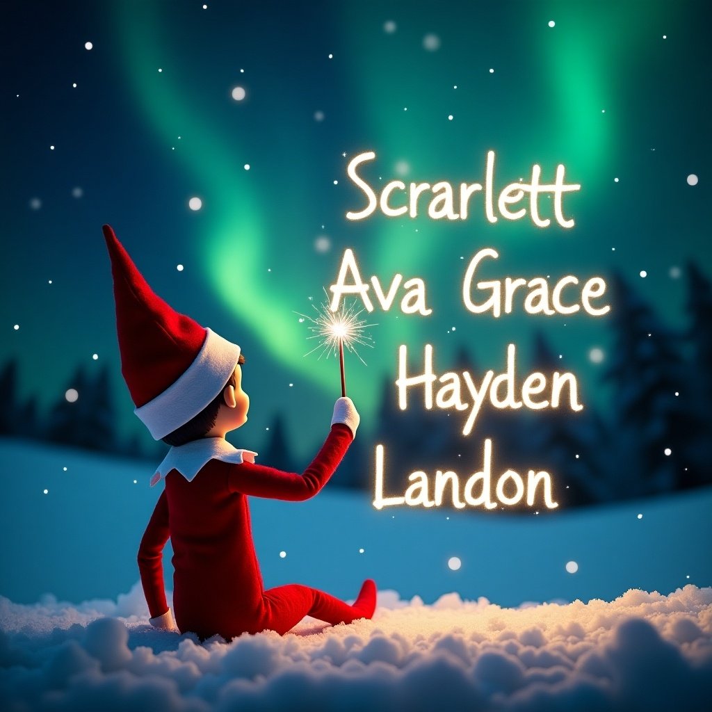 An elf on the shelf with its back to viewer. Facing a dark sky filled with northern lights. Holding a wand and writing names in sparkles. The elf wears a red outfit. Snowy ground adds serenity to the scene.