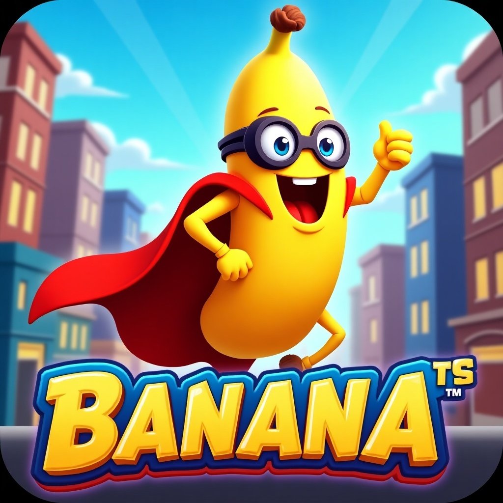 This image showcases a lively video game poster featuring a cheerful banana character with arms and legs. The banana is wearing glasses and a red superhero cape, striking an enthusiastic pose with a thumbs up. Behind the banana, a colorful cityscape is visible, enhancing the playful vibe of the design. The overall colors are bright and inviting, appealing to a young audience. The title 'BANANA' is prominently displayed at the bottom, emphasizing the game's fun and adventurous nature.