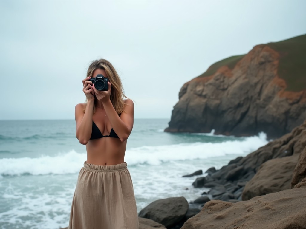 A person stands on a rocky beach holding a camera, wearing a bikini top and a long skirt. The ocean and cliffs are in the background under an overcast sky.