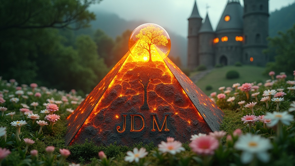 A mystical scene featuring a glowing pyramid with a tree symbol on it, surrounded by flowers, with a fairy-tale castle in the background. The letters 'JDM' are inscribed on the pyramid.