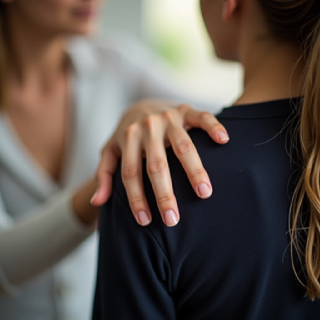 A hand gently rests on a shoulder. The image captures a moment of supportive interaction. Soft tones and natural light enhance the connection between two individuals.