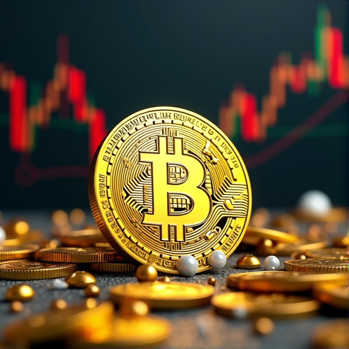 A Bitcoin coin surrounded by gold coins with a fluctuating market chart backdrop.