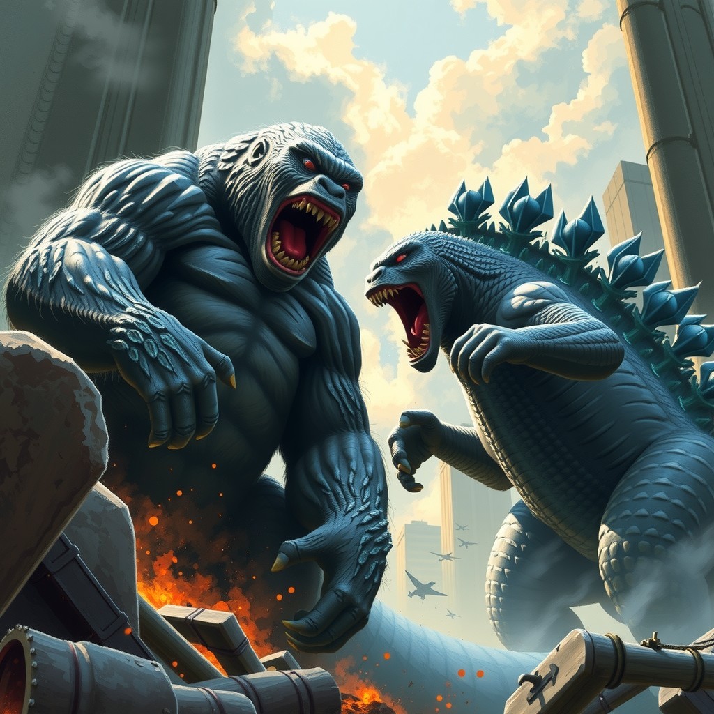 A fierce battle between two giant monsters in an urban setting with fighter jets overhead.