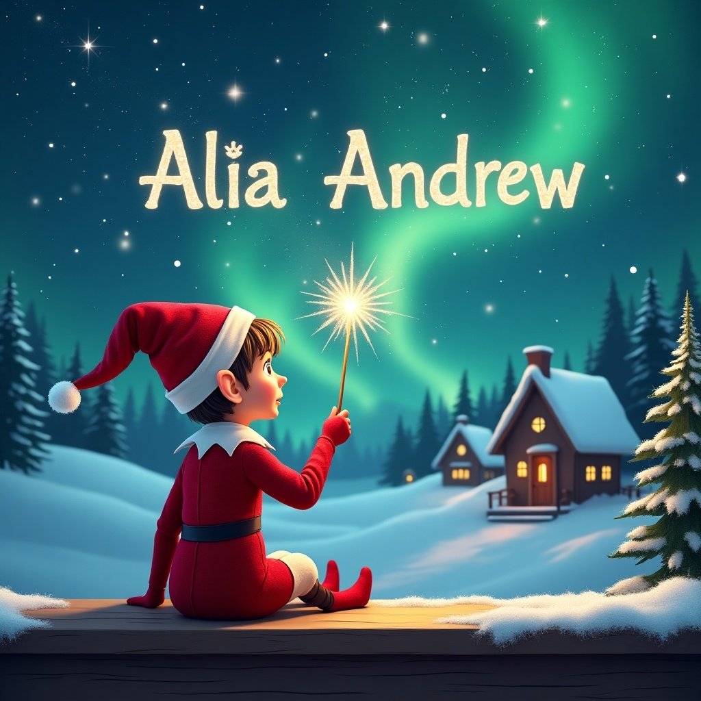 An elf sits on a wooden ledge with its back to the camera. The elf gazes at a magical sky while holding a sparkling wand. The elf is dressed in a red outfit with a pointed hat. The elf elegantly writes the names 'Alia' and 'Andrew' in the starry sky. The background has a snowy landscape with charming houses and evergreen trees. The scene captures childhood magic and Christmas cheer.