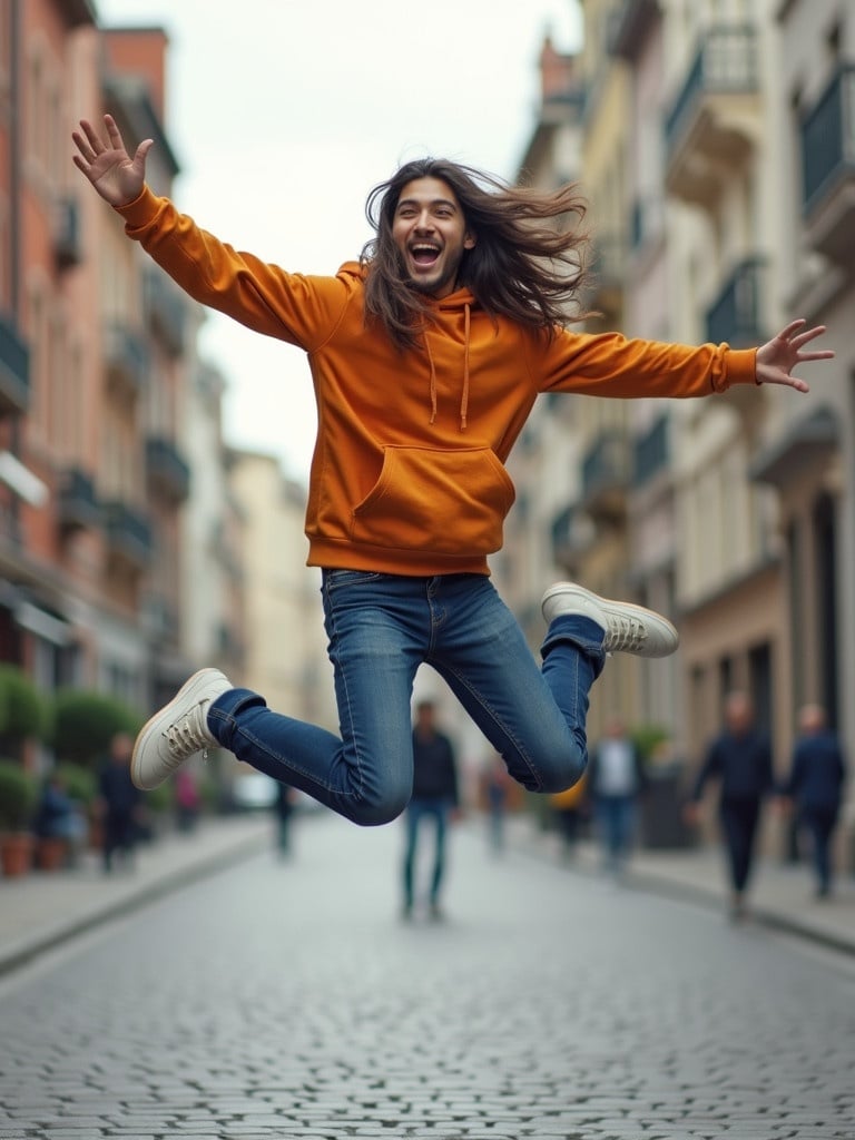 A student leaps with excitement in an urban street. The student wears a bright orange hoodie and denim jeans. The background features colorful buildings and a bustling street.