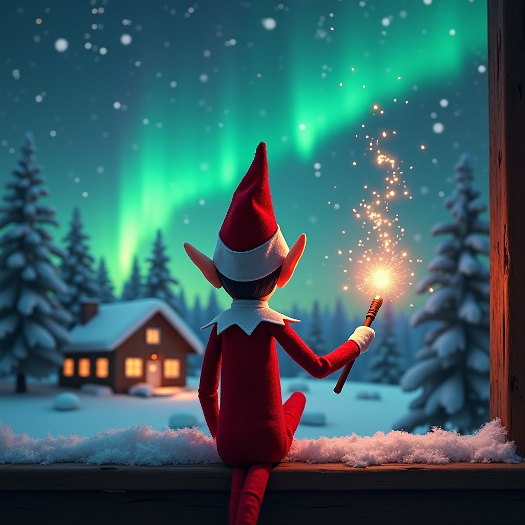 Elf on the shelf sits back to viewer. Elf gazes at sky holding glowing wand. Charming Christmas scene with northern lights. Cozy house in distance. Snow covers ground. Elf embodies magic and wonder. Name 'Ronin' appears from wand.