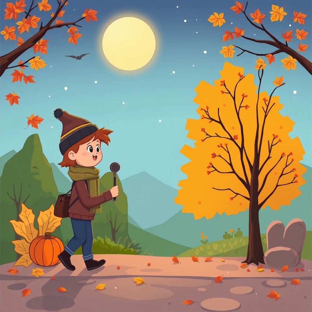 A young child walking with a magnifying glass in an autumn setting with colorful leaves and a pumpkin under a clear sky with a setting sun.