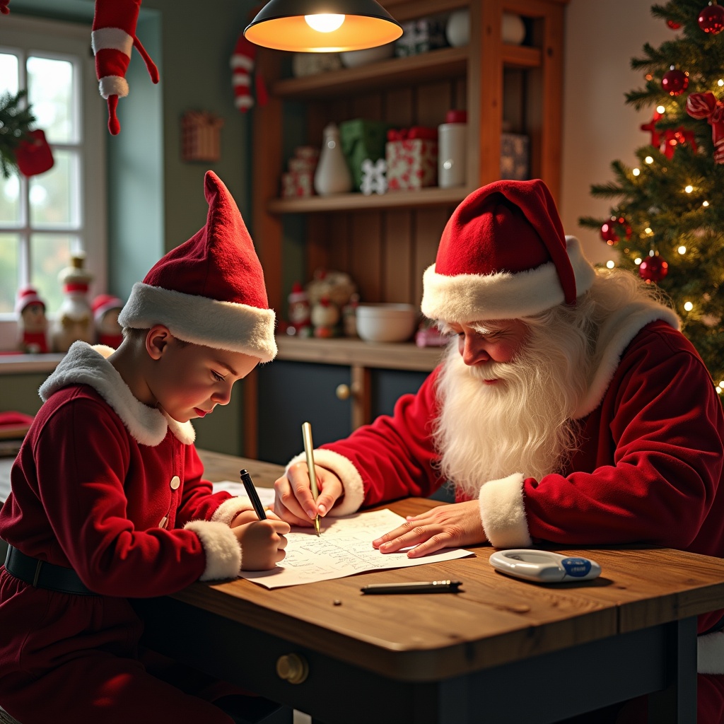 Santa's elves are busy writing names on a good list in a cozy workshop filled with holiday decorations and gifts.