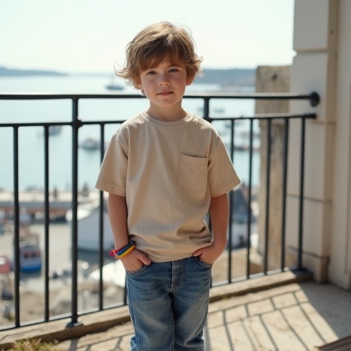 A young boy stands on a balcony. He wears a large natural-colored T-shirt and blue jeans. The boy looks shy and sweet. The background features a sunny harbor in Normandy. The scene is peaceful and quiet.