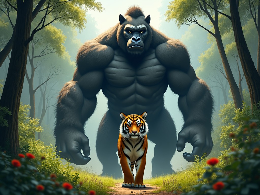 A giant, muscular gorilla walking alongside a tiger in a lush forest setting, with an ethereal, atmospheric background, digital illustration.