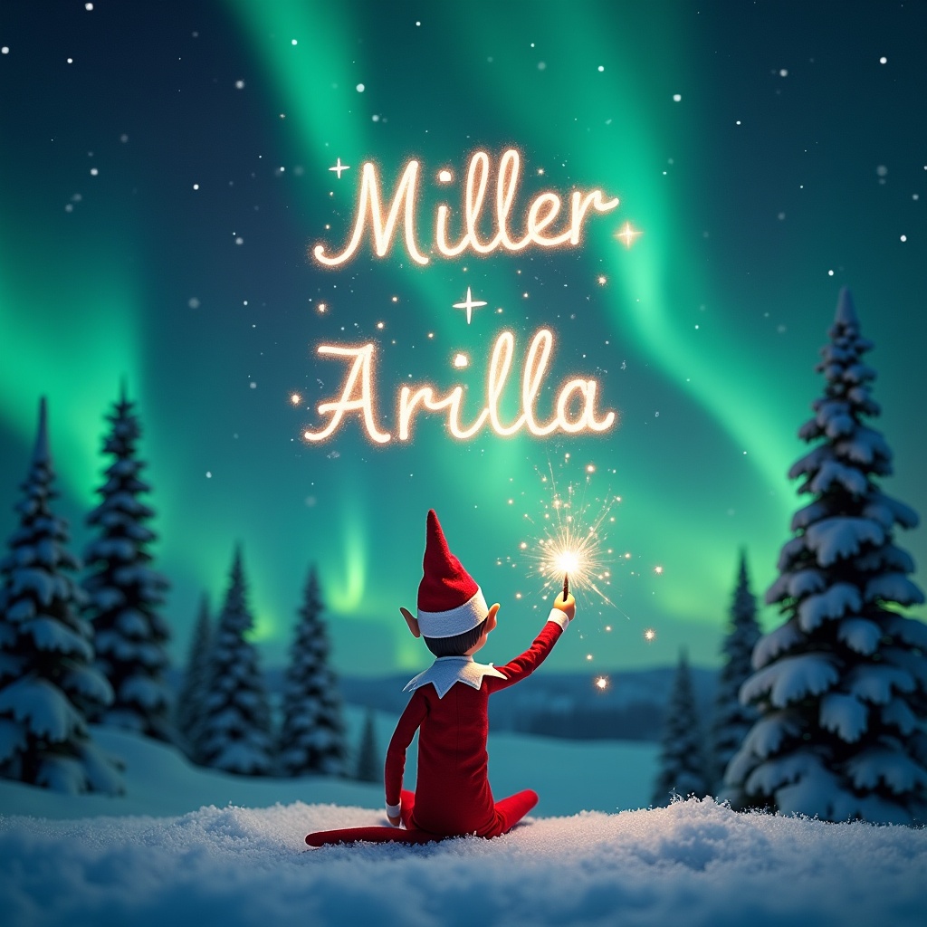 The image features an elf on the shelf, sitting with its back to the viewer and facing a mesmerizing sky filled with northern lights. The elf is using a magical wand to elegantly write 'Ariella' in shimmering light against this vibrant backdrop. The scene is set in a picturesque winter wonderland, with snow blanketing the ground and evergreen trees dotting the landscape. Above the elf, names are beautifully crafted in sparkling light, creating a festive aura. This enchanting atmosphere encapsulates the essence of Christmas magic and whimsy.