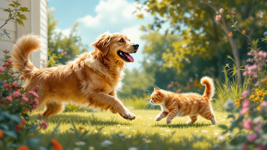 A golden retriever chases a cat in a garden. It is a sunny summer day. The golden retriever looks excited. The cat is a European breed. The style is inspired by surrealist painters.