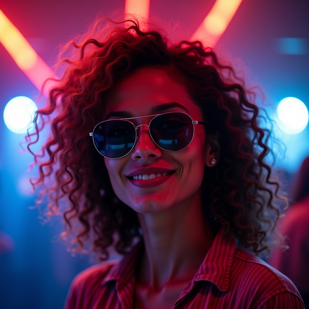 A person with curly hair is wearing stylish sunglasses and smiling confidently at the camera. The scene is illuminated with colorful lighting, creating a vibrant atmosphere. The background features blurred lights that enhance the energy of the setting. This photo captures a trendy and lively vibe ideal for fashion or event promotion. The focus is on the subject's expressive face and stylish appearance, making it a striking portrait for social media.