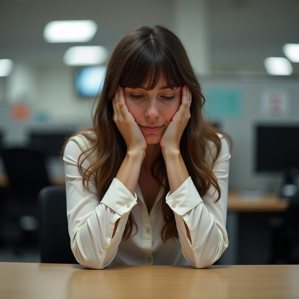 A woman in an office setting looking thoughtfully downwards, with her chin resting on her hands.