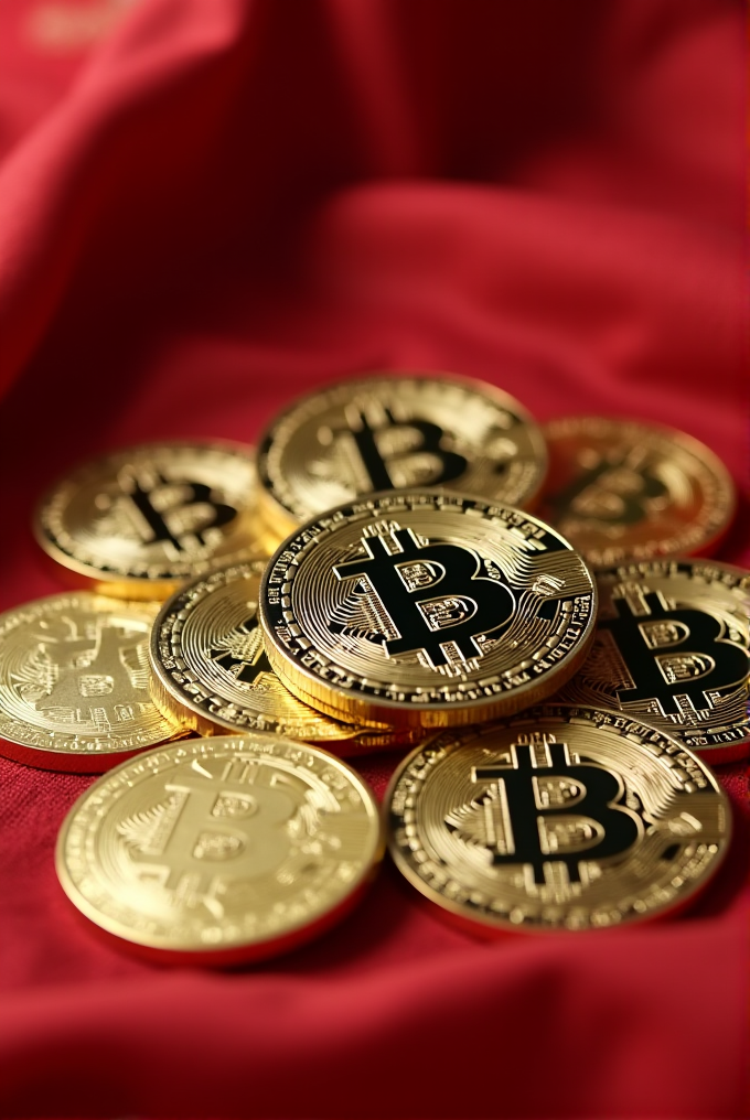 A pile of shiny golden Bitcoin coins lying on luxurious red fabric.