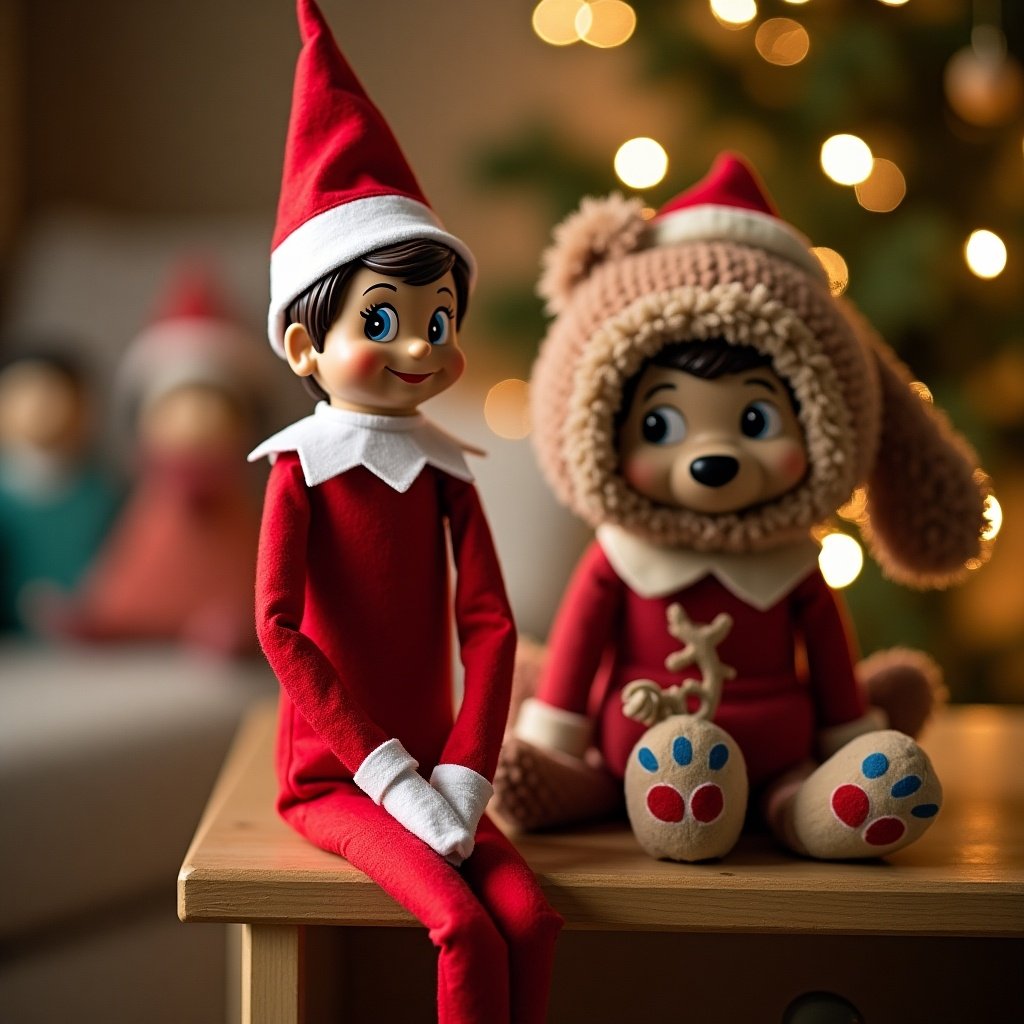 Elf on the shelf doll sitting beside Disney Up character Rory. Cozy and festive atmosphere with Christmas tree lights in the background.