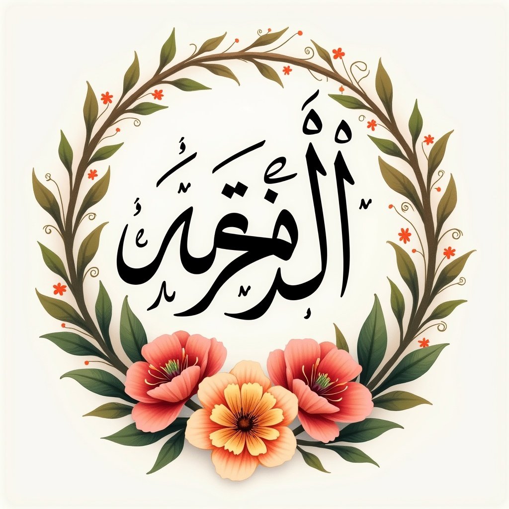 Arabic calligraphy in Thuluth style with floral decoration. Text reads نور أميرا بنت عبد الرحمن. Aesthetic and vibrant flower background surrounds the calligraphy.