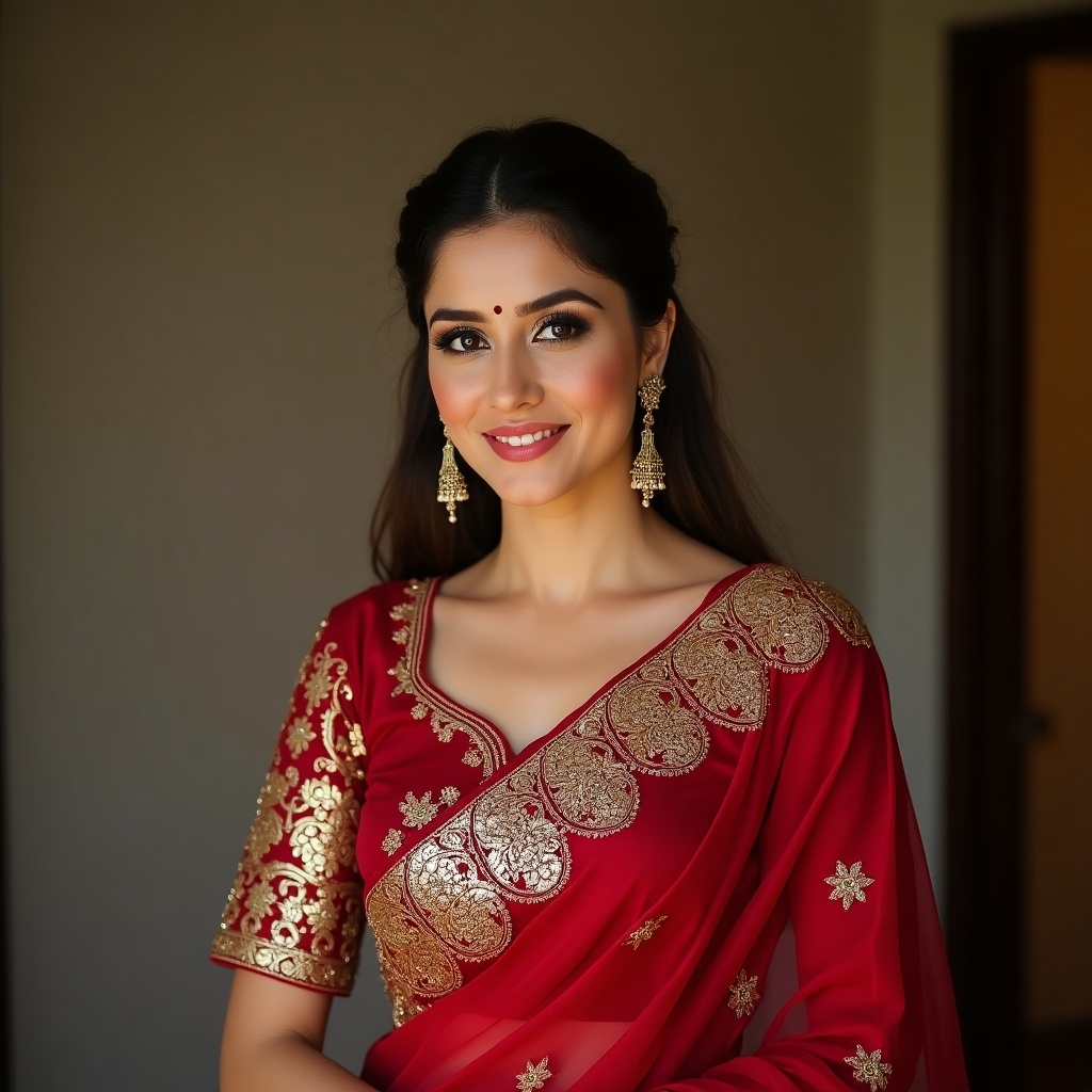 Woman dressed in a traditional red and gold embroidered saree with intricate designs.