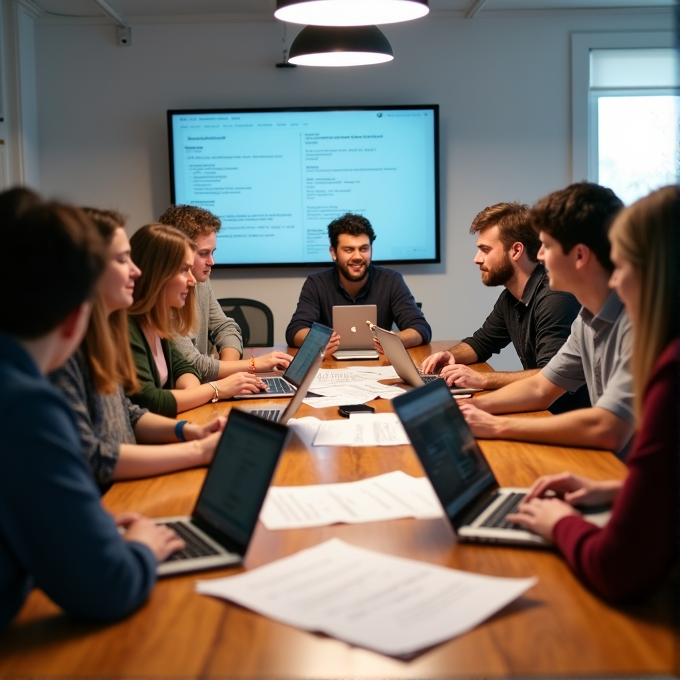 A diverse group of people collaborating around a table with laptops and papers in a modern meeting room, displaying a presentation on a wall screen.