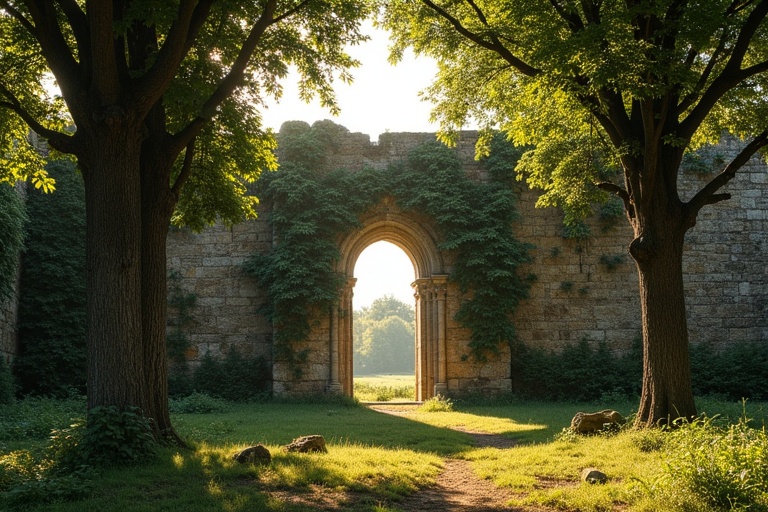 Ruined wall surrounded by large box trees. Trees form a canopy over the ruins. Wall covered with vines and moss shows missing stones. Romanesque arched window without glass. Scene set in the evening of a sunny late summer day. Sunlight casts rays illuminate the wall and the treetops. Sparse ground vegetation with sunlight hitting it.