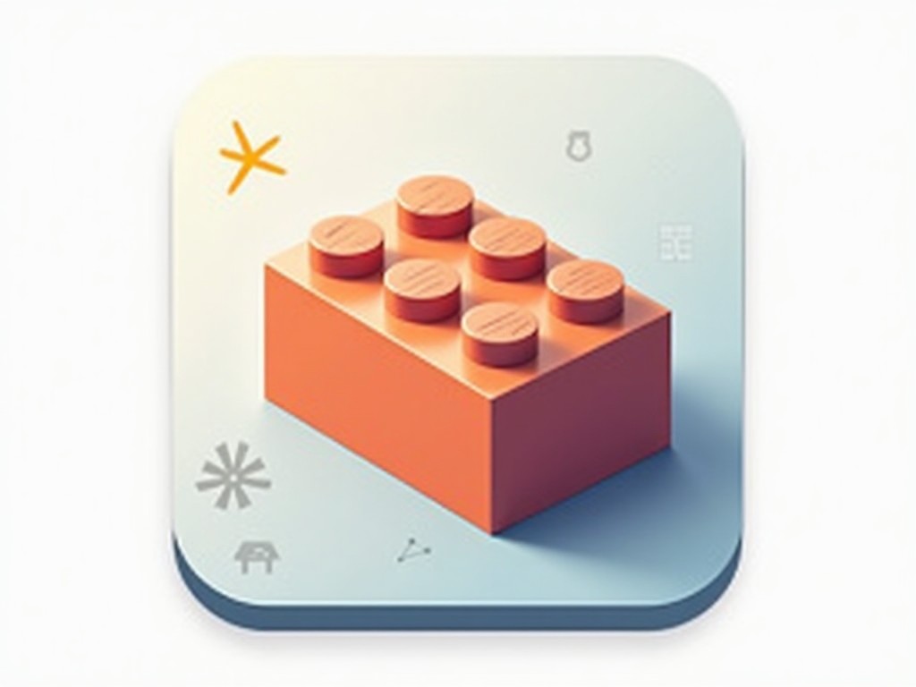 This image features a stylized representation of a LEGO brick in orange, set against a gradient background of light blue and white. The brick has a soft shadow, emphasizing its dimensionality and making it pop out. Surrounding the brick are subtle icons or symbols that suggest creativity and design. The overall aesthetic is modern and minimalist, appealing to a young audience. This creation would be ideal as an app icon or for promotional materials associated with play and creativity.