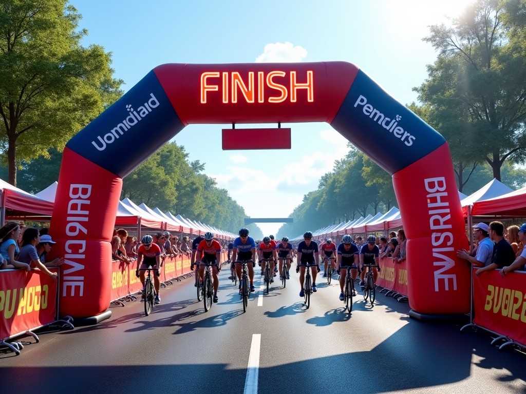 The image captures a vibrant cycling event at the finish line. Cyclists in matching attire race towards a large, colorful finish line arch. The atmosphere is energetic, with spectators cheering from the sidelines. Bright sunlight streams down, highlighting the excitement of the moment. Tents and banners are set up along the route, suggesting a festive community event.