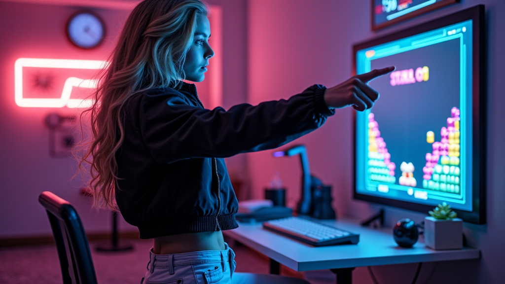 A person in a dimly lit room plays a colorful puzzle game on a desktop computer, illuminated by vibrant pink and blue neon lights.