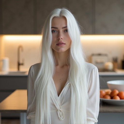 Tall woman in a kitchen. Woman has very long white hair down to knees. She has pale skin. She is wearing a bra. The setting is stylish and modern.